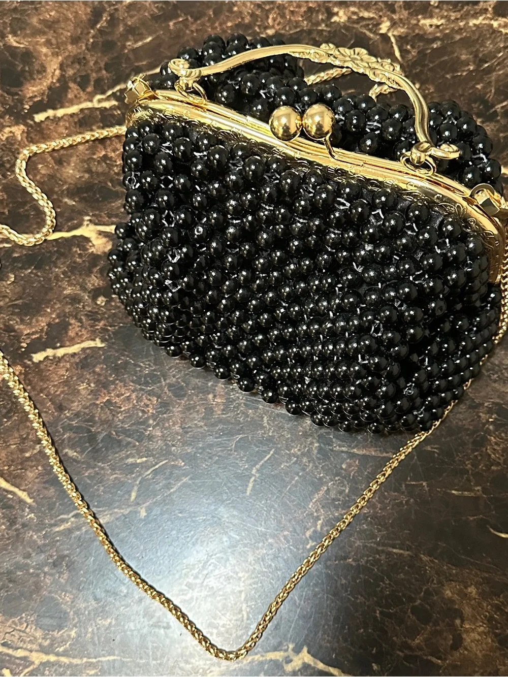 Gold-Trim Black Beaded Evening Clutch with Chain Strap